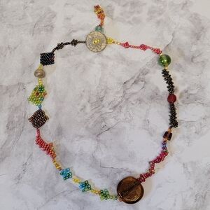 Multicolor Funky Seed Bead Necklace 20" Beaded Button Geometric Eclectic Jewelry